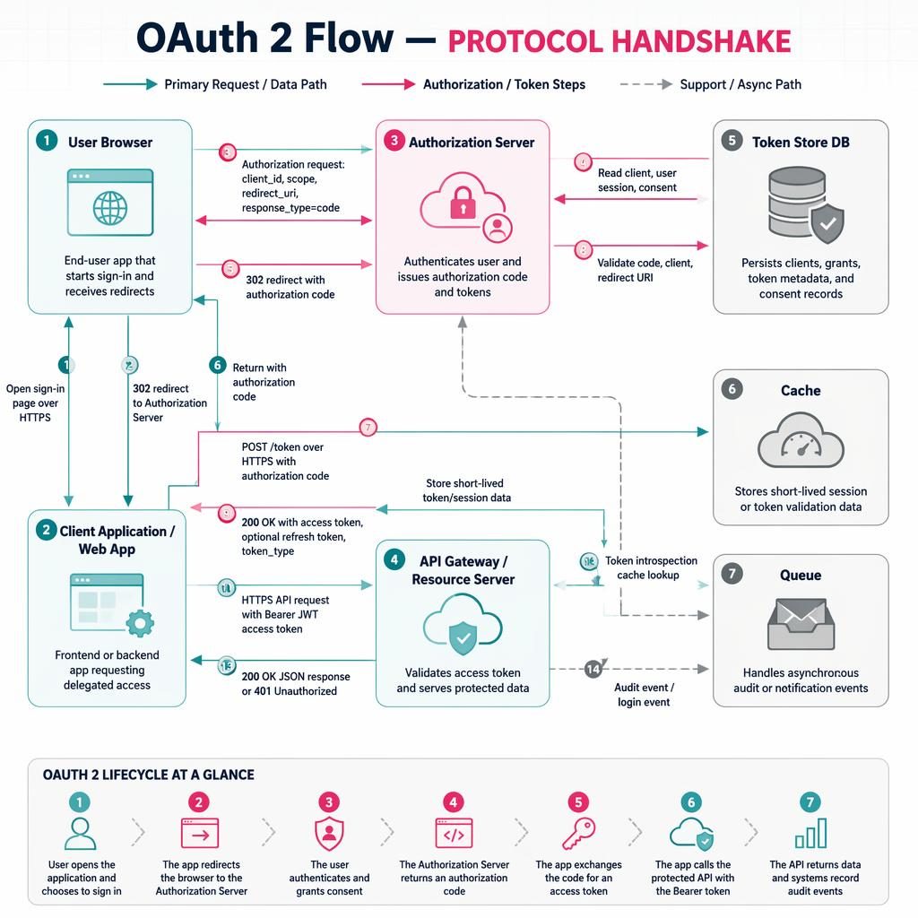 Minimal flat network drawing of OAuth 2 flow with 7 labeled system boxes, numbered arrows, legend, teal and pink accents.