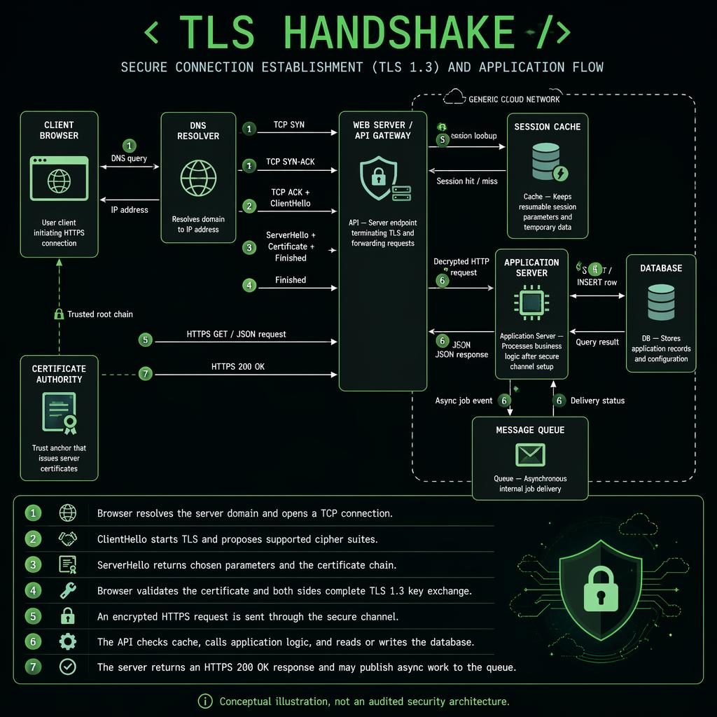 Green-on-dark TLS handshake infographic with browser, DNS, API, CA, cache, app server, database, queue, and arrows.