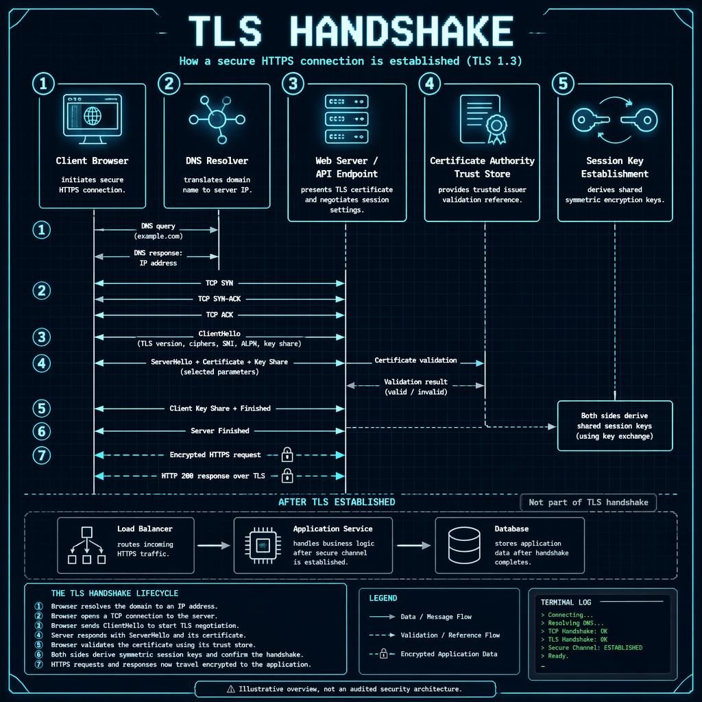 Retro blueprint infographic of a TLS handshake flow with numbered boxes, arrows, icons, legend, and HTTPS steps.