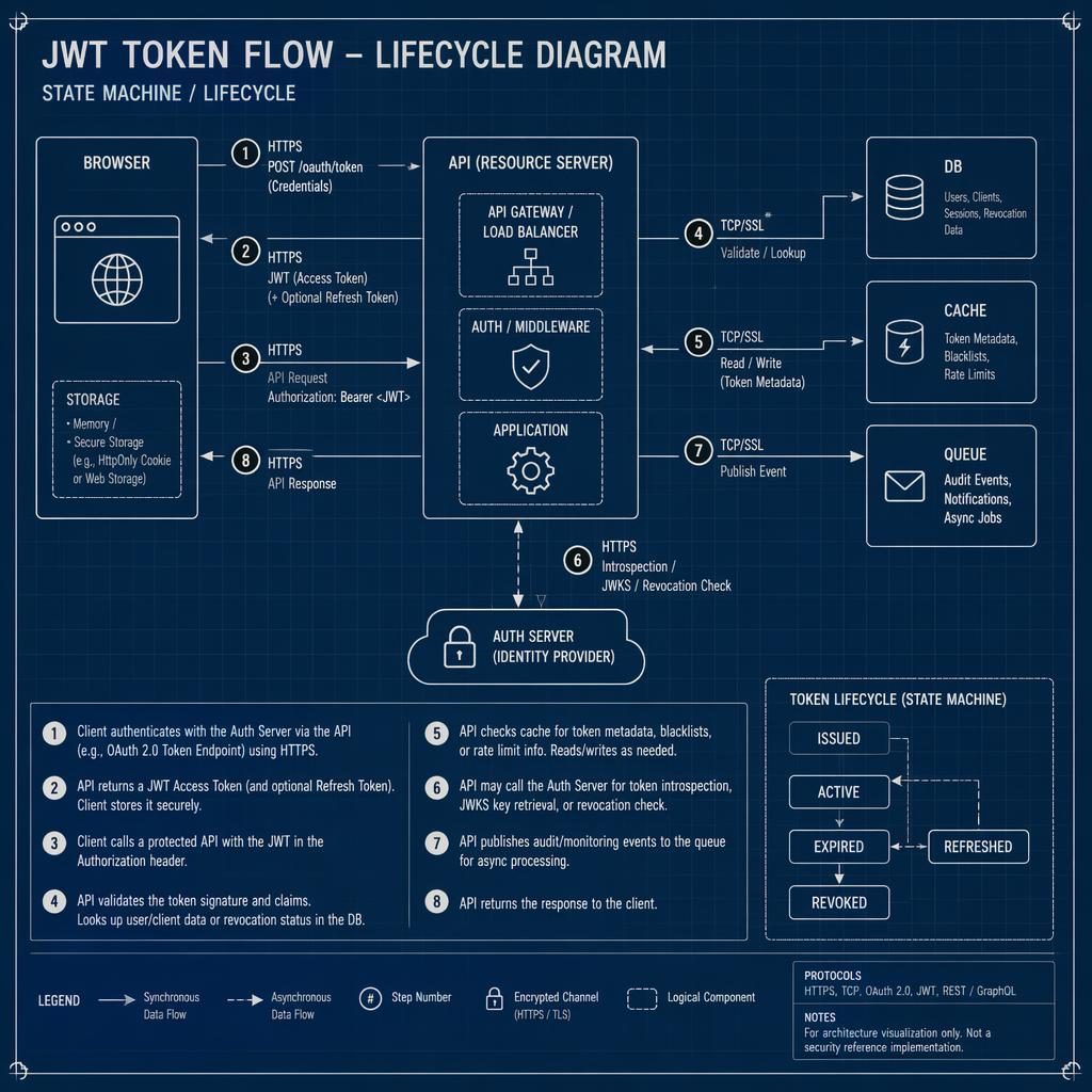 Minimal monochrome blueprint diagram showing JWT token flow across browser, API, DB, cache, and queue with arrows and legend.