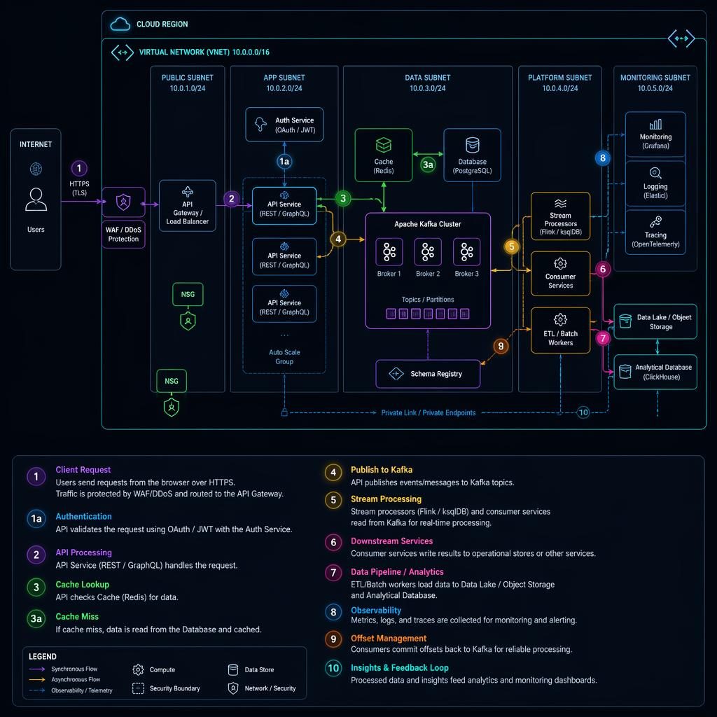Dark-mode neon architecture infographic with numbered boxes for browser, API, cache, queue, DB, and cloud icons linked by arrows.