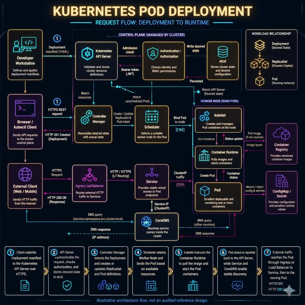 Tech infographic of Kubernetes pod deployment request flow with API server, etcd, scheduler, worker node, service, ingress.