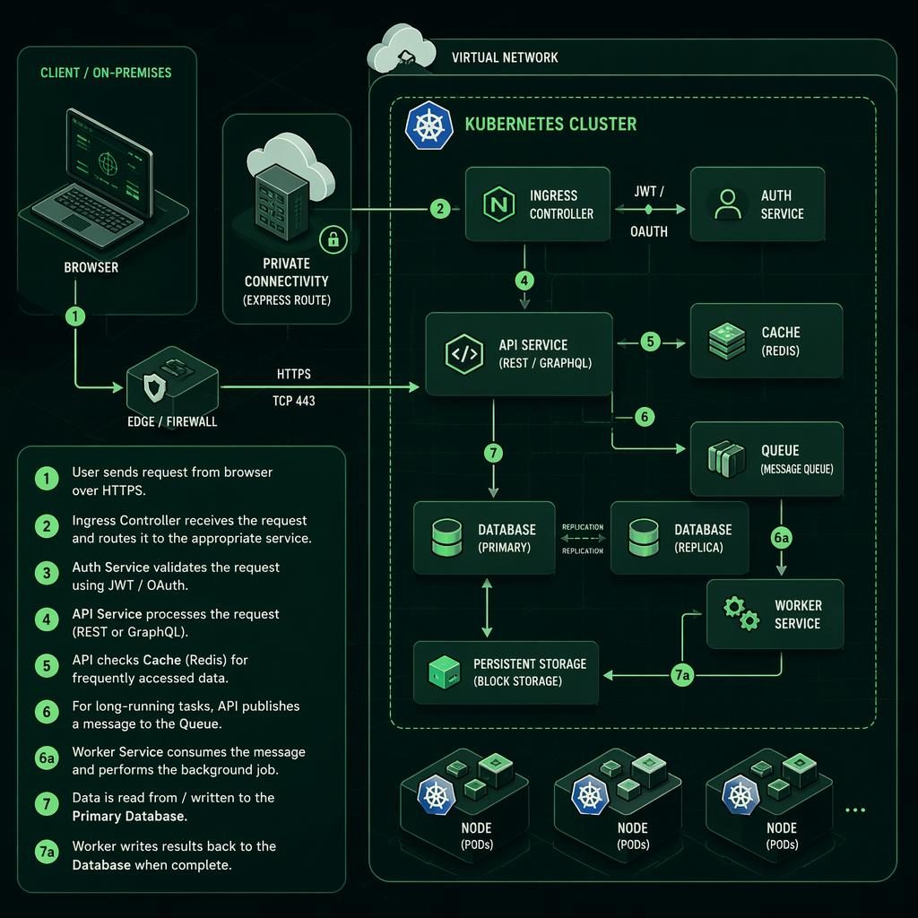 Isometric green tech diagram showing browser, API, cache, queue, database, and generic cloud icons linked by arrows.