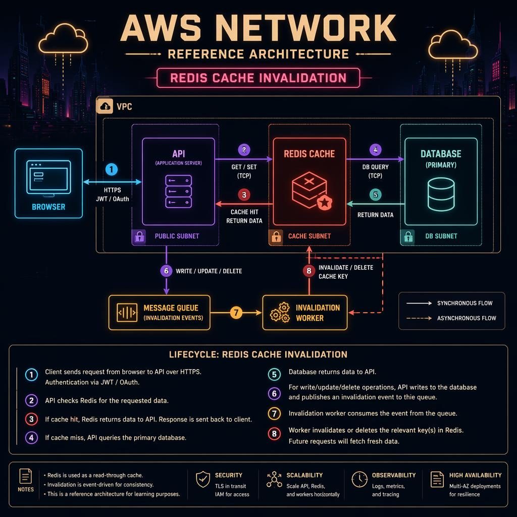 Cyberpunk neon tech diagram showing browser, API, DB, cache, and queue boxes with arrows, cloud icons, and a numbered flow.