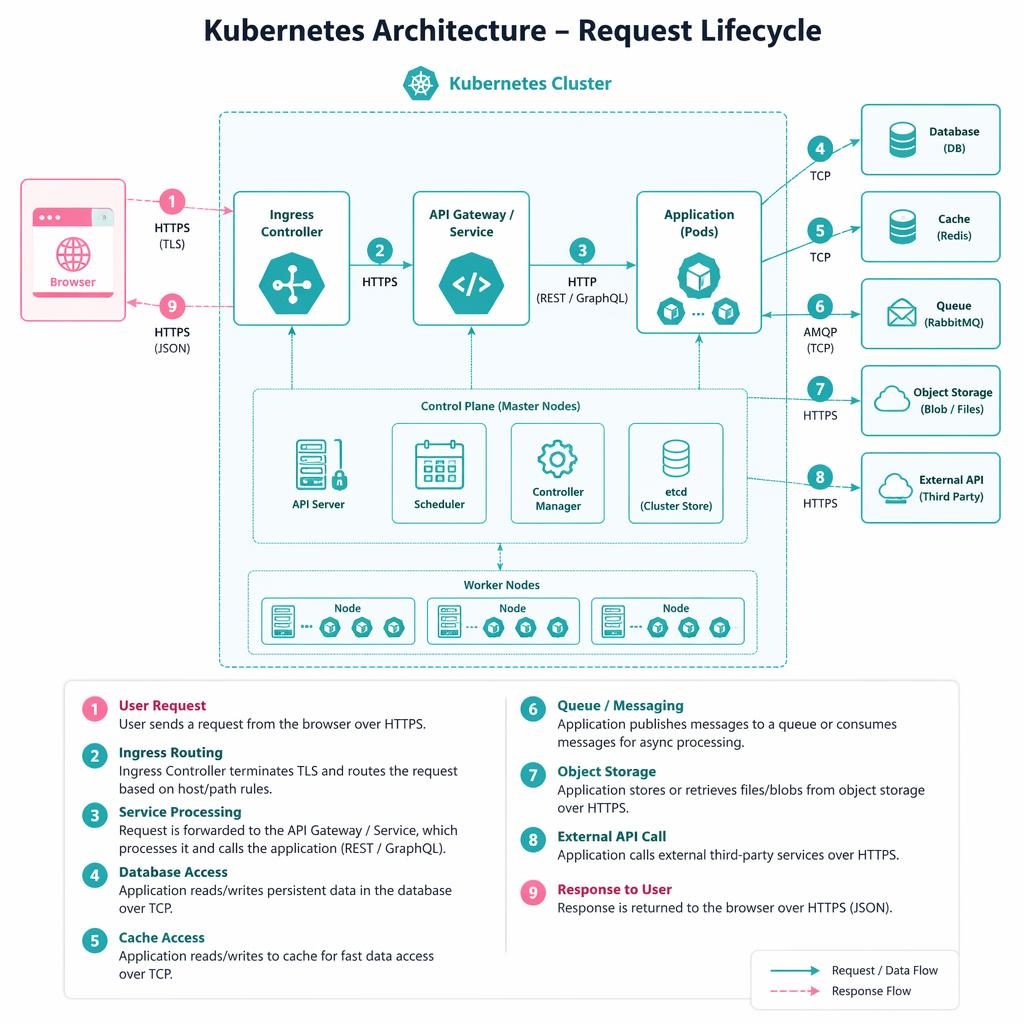 Minimal flat net diagram of Kubernetes architecture with generic cloud icons, labeled boxes, arrows, and numbered flow steps.