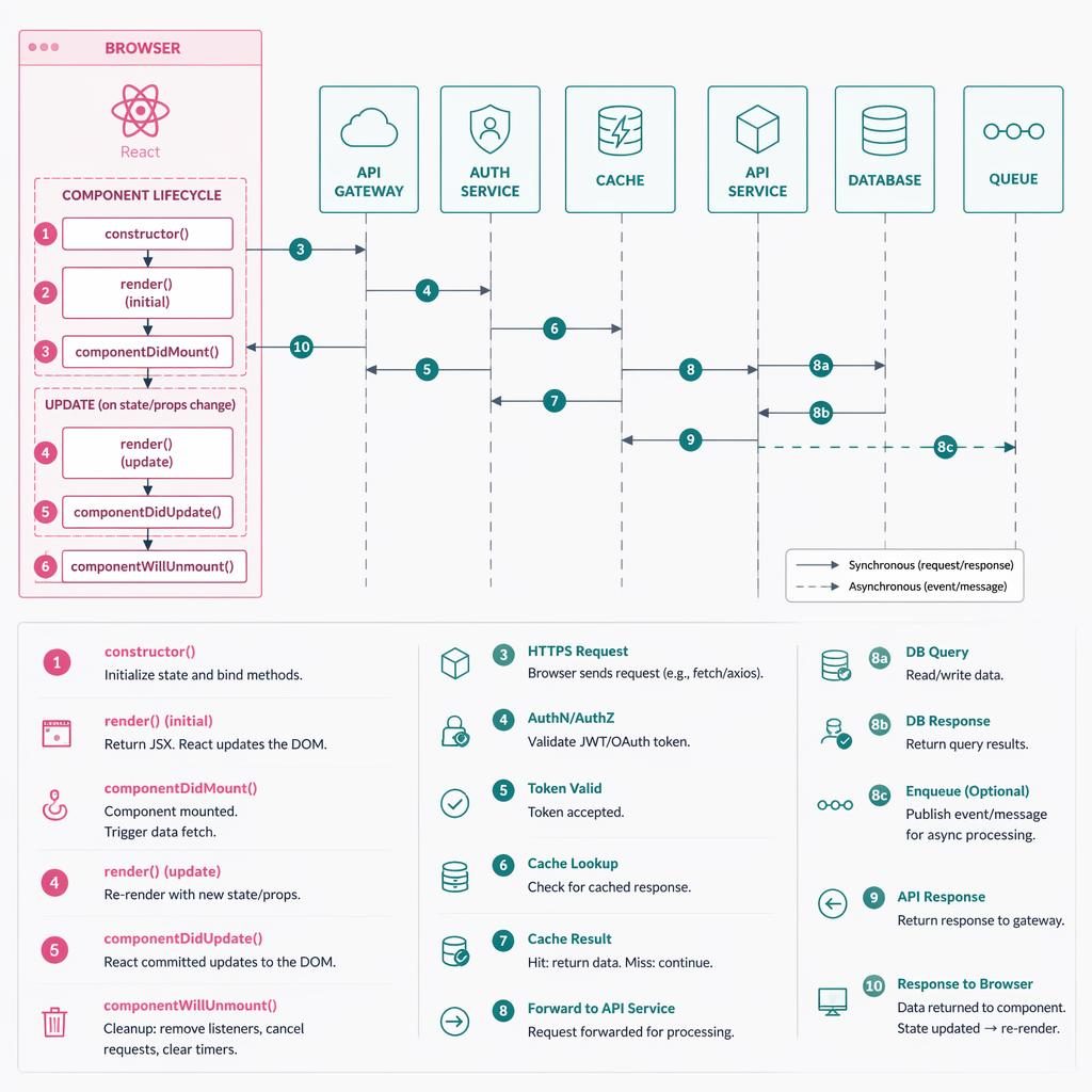 Minimal flat tech architecture infographic showing a React component lifecycle as numbered exchanges between browser, API, DB, cache, and queue.