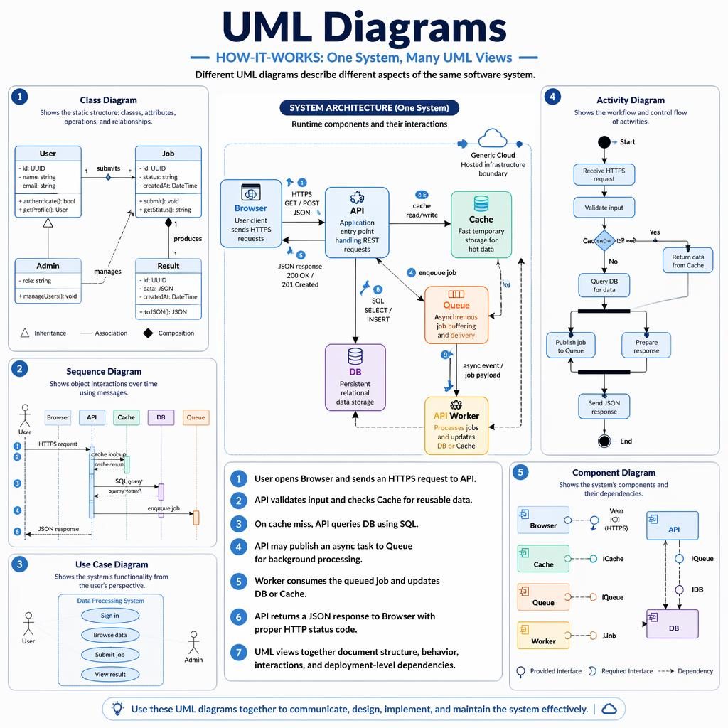 Saubere Tech-Infografik mit zentraler Software-Architektur und UML-Panels für Class, Sequence, Use Case, Activity und Component.