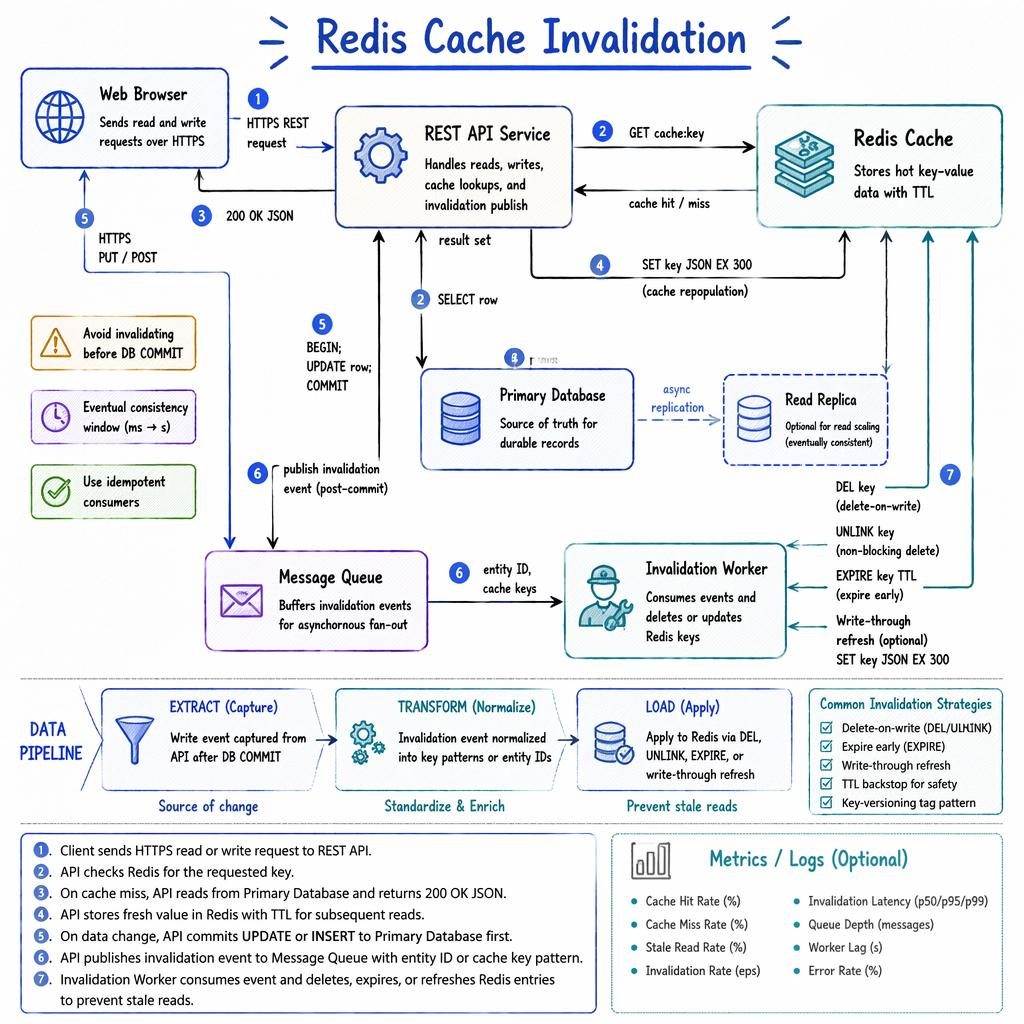 Whiteboard-style tech infographic showing Redis cache invalidation flow with browser, API, database, Redis, queue, worker