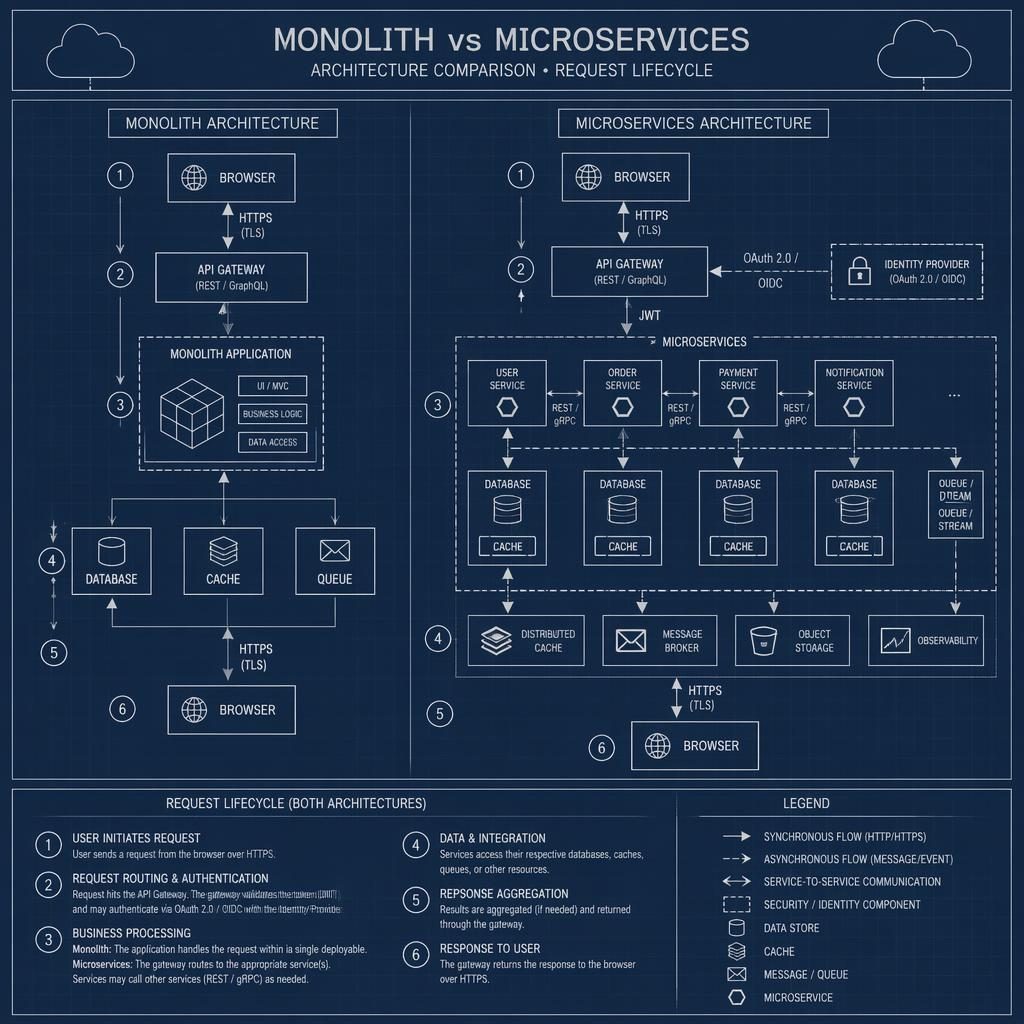 Minimal monochrome blueprint diagram comparing monolith and microservices with browser, API, DB, cache, and queue boxes.