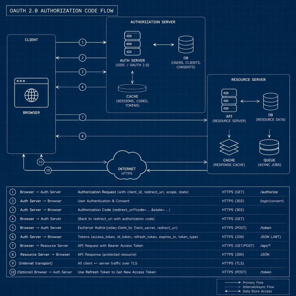 Minimal monochrome blueprint-style network drawing of an OAuth 2 flow with browser, API, DB, cache, queue, arrows, and numbered lifecycle legend.