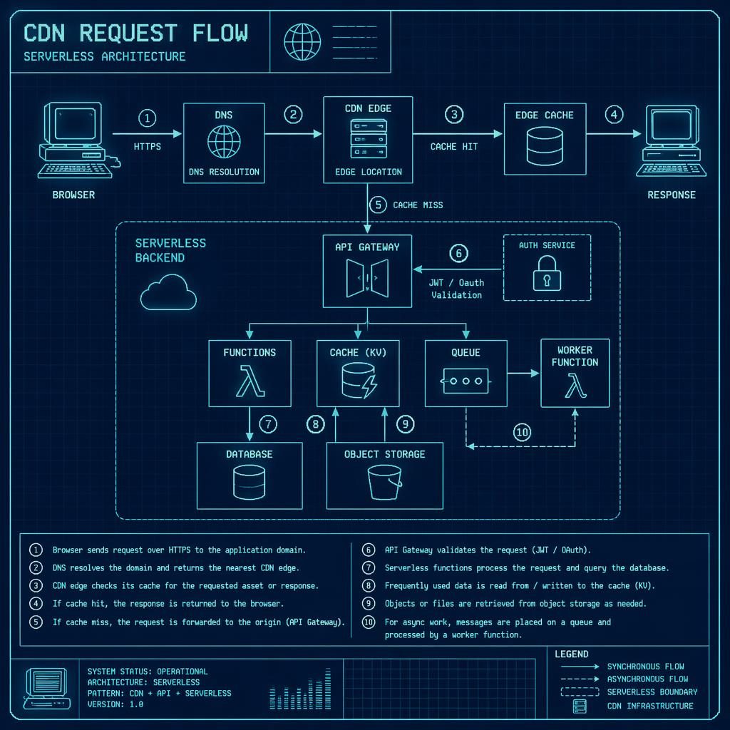 Retro cyan blueprint infographic of a CDN request flow with browser, API, DB, cache, and queue boxes linked by arrows.