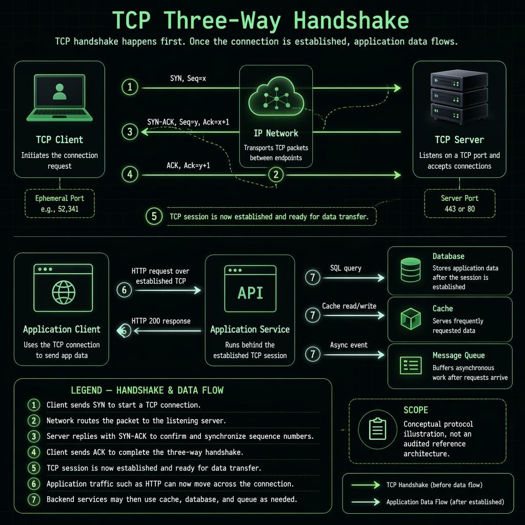 Green-on-dark tech infographic showing TCP client, IP network, and TCP server with SYN, SYN-ACK, ACK flow and app services