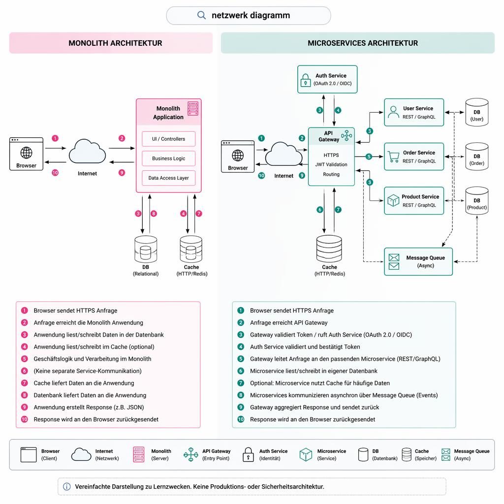 Minimale Flat-Infografik zu Microservices vs Monolith mit Browser, API, DB, Cache, Queue, Pfeilen und Nummern.