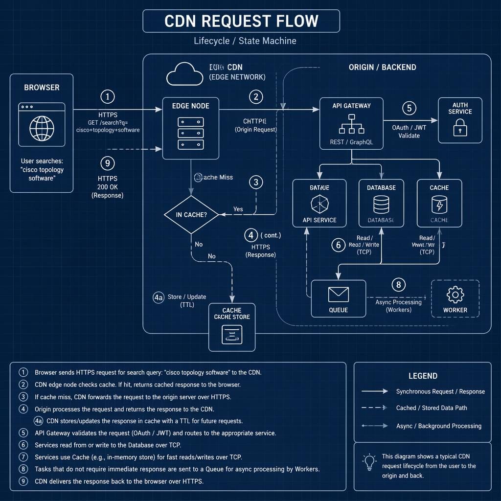 Minimal monochrome blueprint diagram of CDN request flow with browser, API, DB, cache, and queue boxes linked by arrows.