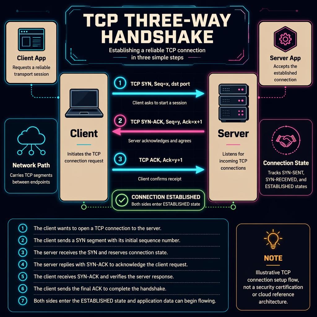Executive-friendly TCP three-way handshake infographic with Client and Server boxes, 3 arrows, legend, and support boxes.