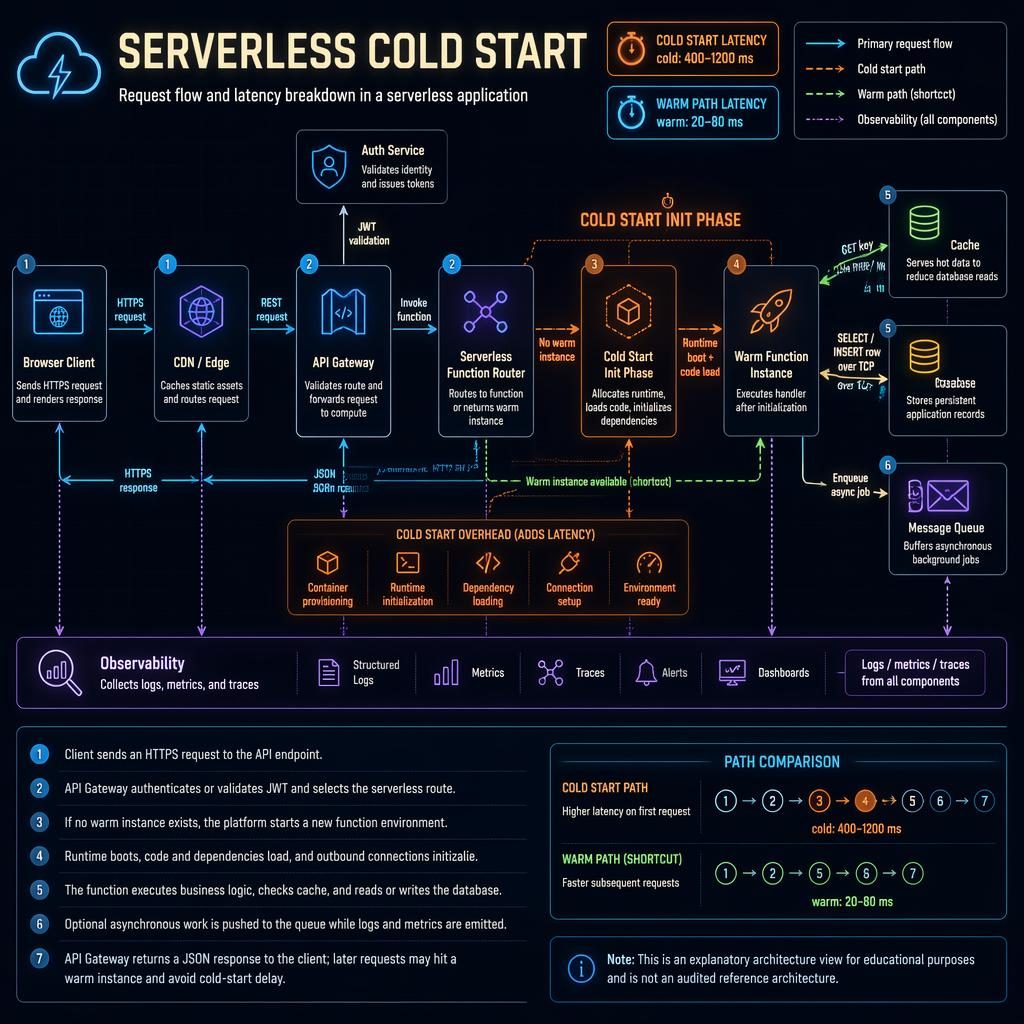 Tech infographic showing serverless cold start request flow from browser to CDN, API gateway, function, cache, DB, queue.