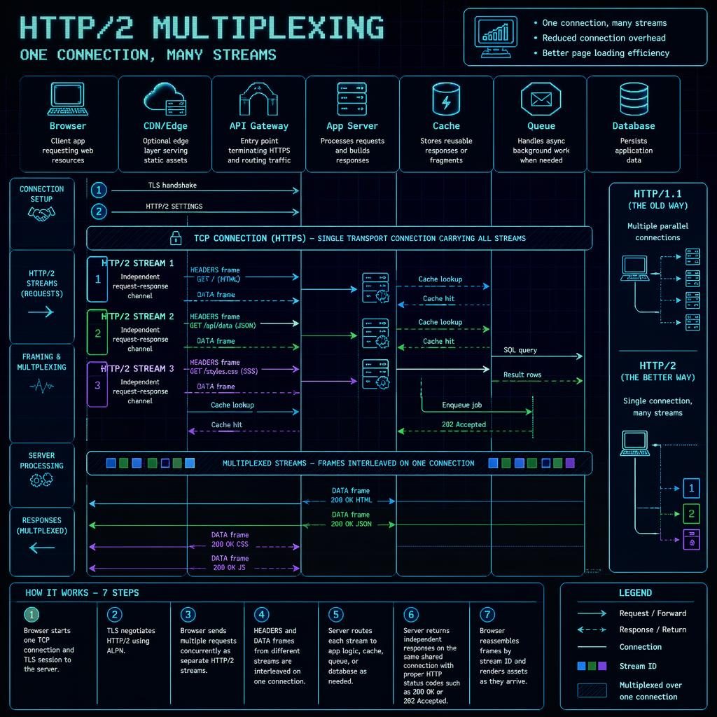 Vertical swimlane diagram of HTTP/2 multiplexing with browser, CDN, API gateway, app server, cache, queue, database.