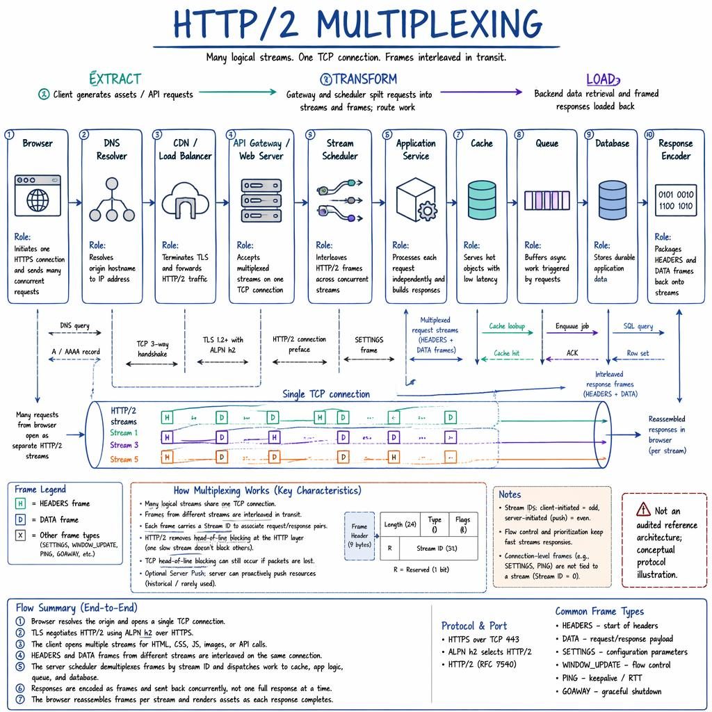Whiteboard-style interactive diagram of HTTP/2 multiplexing with browser, DNS, CDN, gateway, streams, cache, queue, DB.