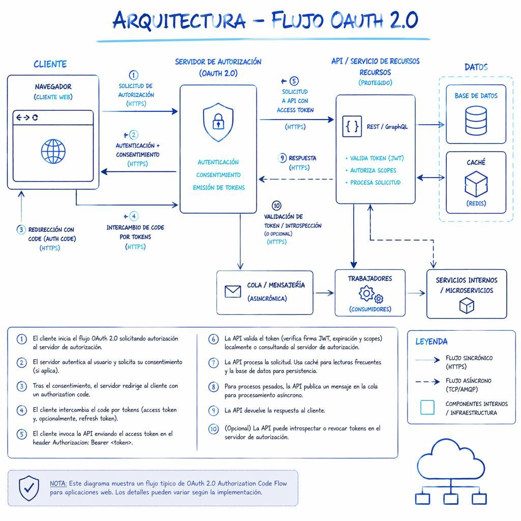 Infografía estilo pizarra azul con flujo OAuth 2, cajas de browser, API, DB, cache y queue unidas por flechas.