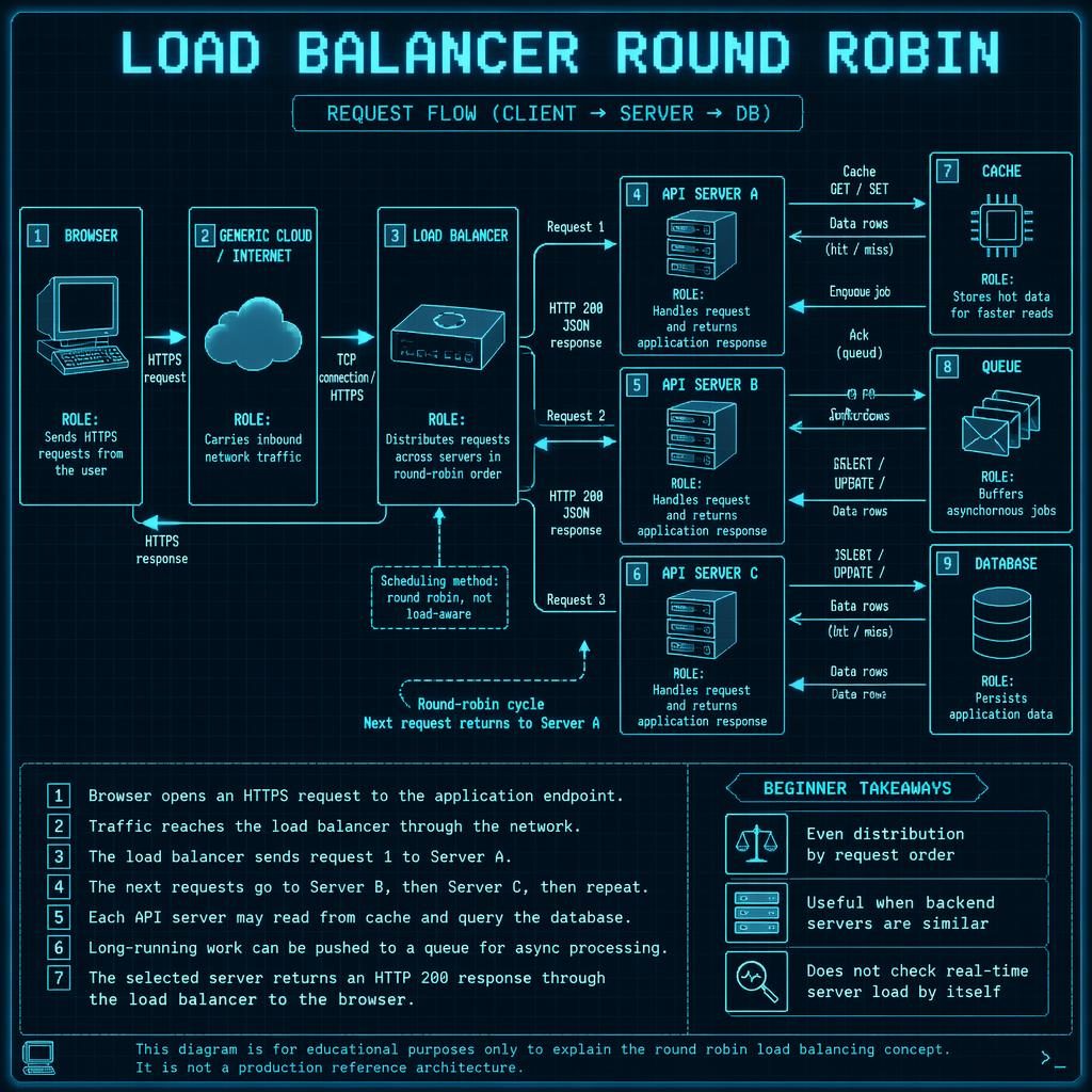 Retro blueprint infographic of a round-robin load balancer routing browser requests across API servers, cache, queue, and database.