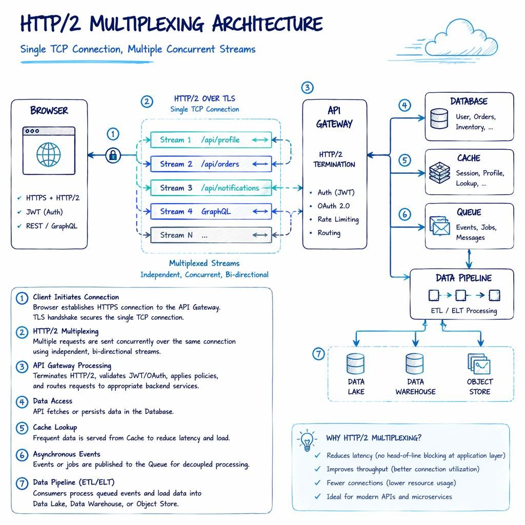 Hand-drawn whiteboard infographic of HTTP2 multiplexing with browser, API, DB, cache, and queue linked by arrows.
