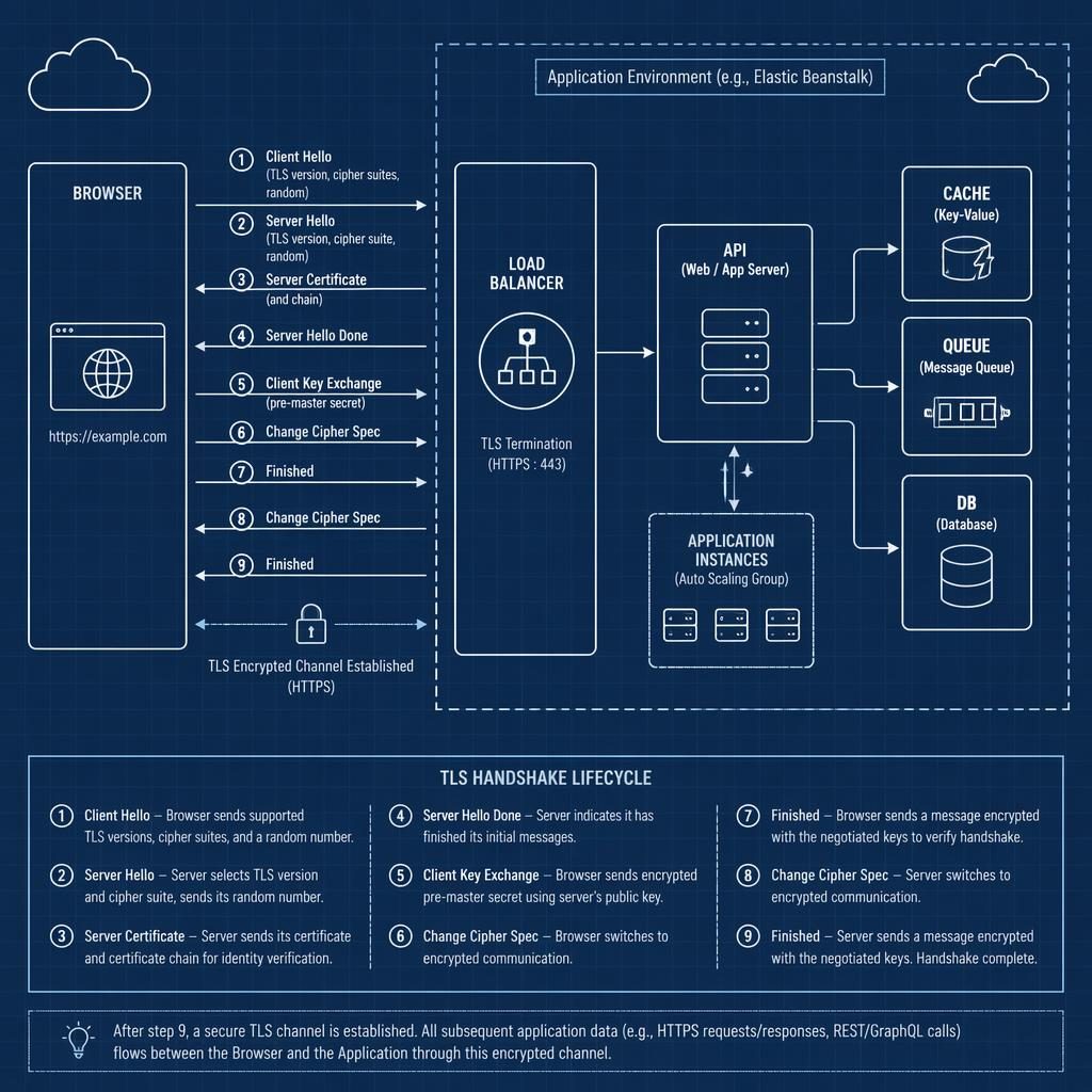 Minimal monochrome blueprint diagram of a TLS handshake lifecycle with browser, API, DB, cache, and queue boxes linked by arrows.