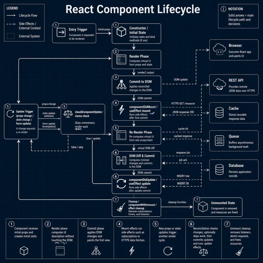 Blueprint-Infografik als Systemarchitektur Diagramm zum React Component Lifecycle mit Boxen, Pfeilen, Legende und Kontextsystemen.