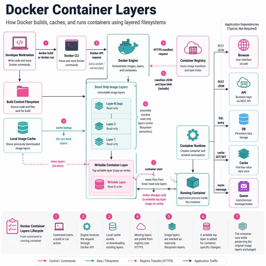 Executive-friendly aon diagram showing Docker container layers, registry flow, cache, runtime, and writable top layer.