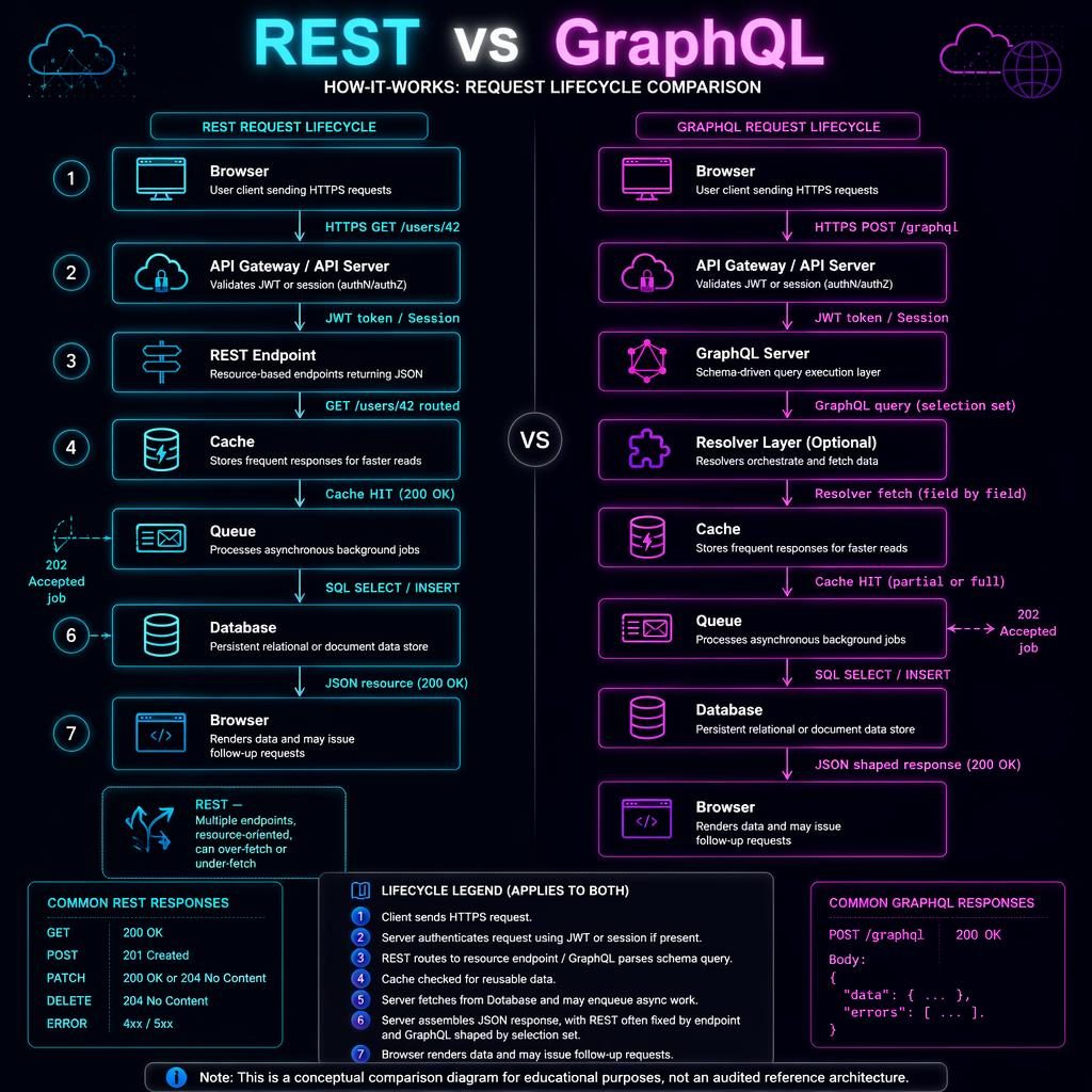 Infografía técnica oscura que compara REST vs GraphQL con flujos numerados, cajas, flechas, caché, cola y base de datos.