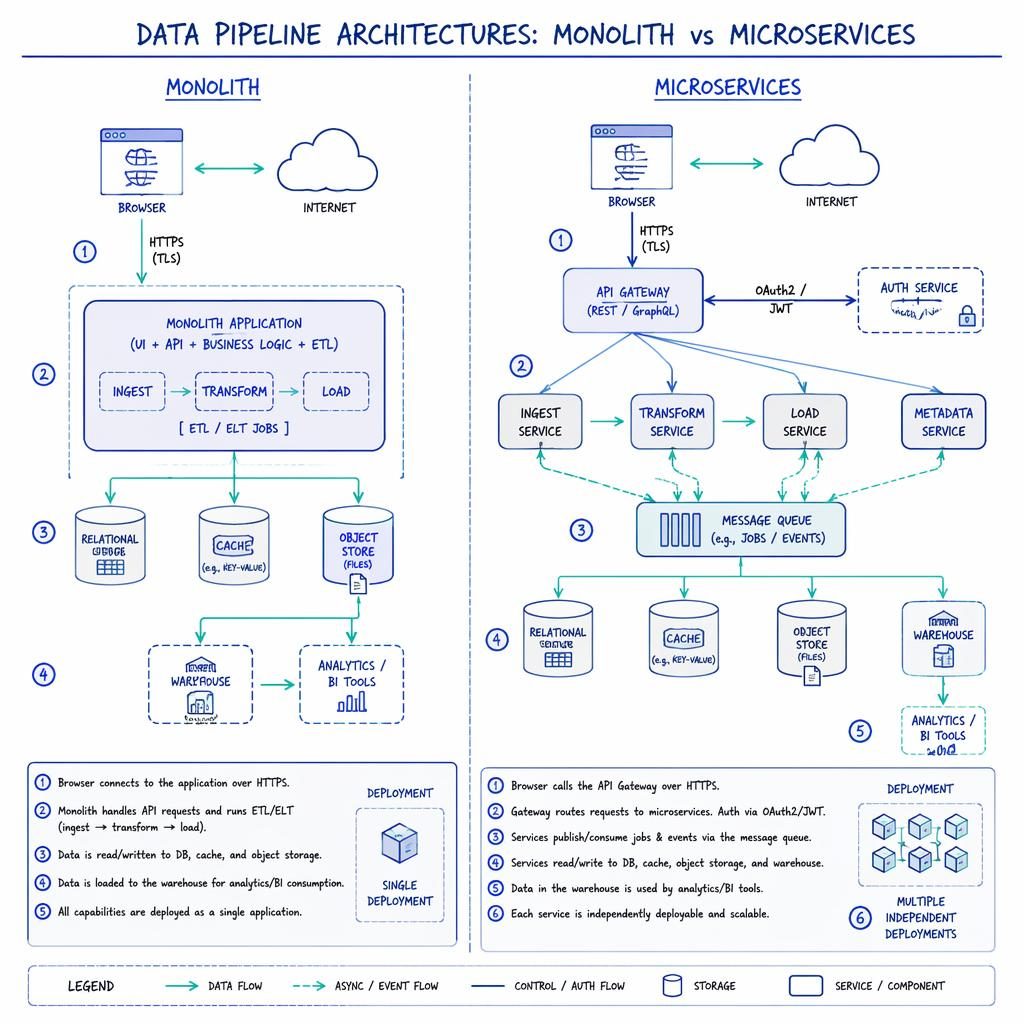 Hand-drawn blue whiteboard diagram comparing monolith and microservices with browser, API, DB, cache, and queue boxes.