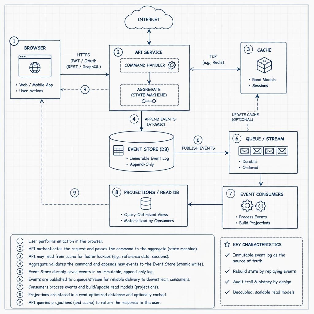 Minimal monochrome blueprint network sketch of event sourcing lifecycle with browser, API, DB, cache, and queue boxes linked by arrows.