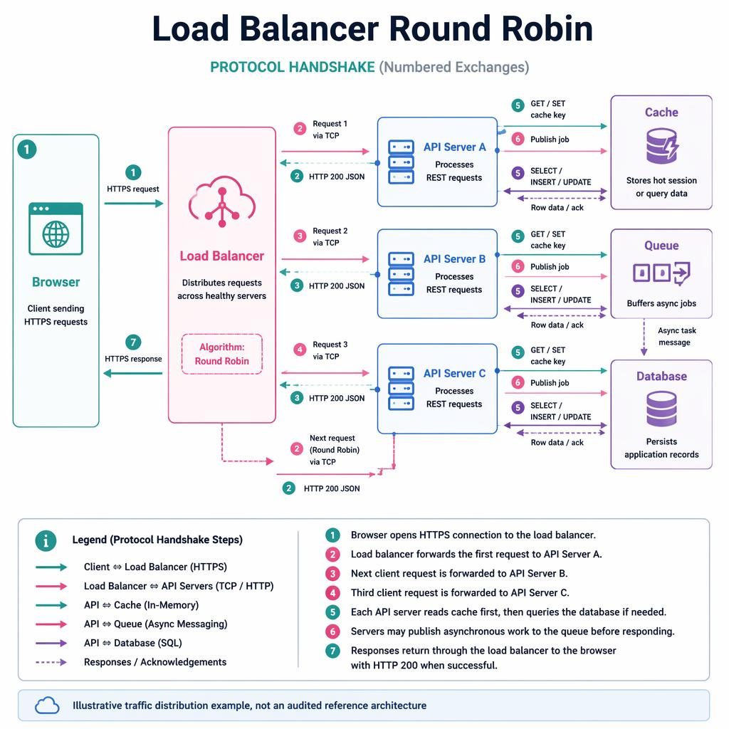 Flat tech infographic of a browser, load balancer, API servers A B C, cache, queue, and database with round-robin arrows.