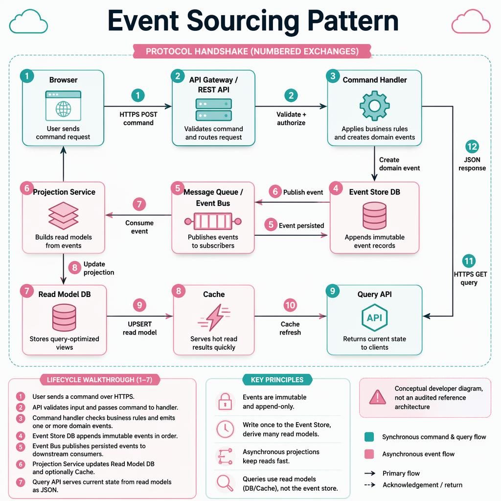 Flat tech infographic showing Event Sourcing Pattern with 9 labeled boxes, numbered arrows, legend, and pink teal style.