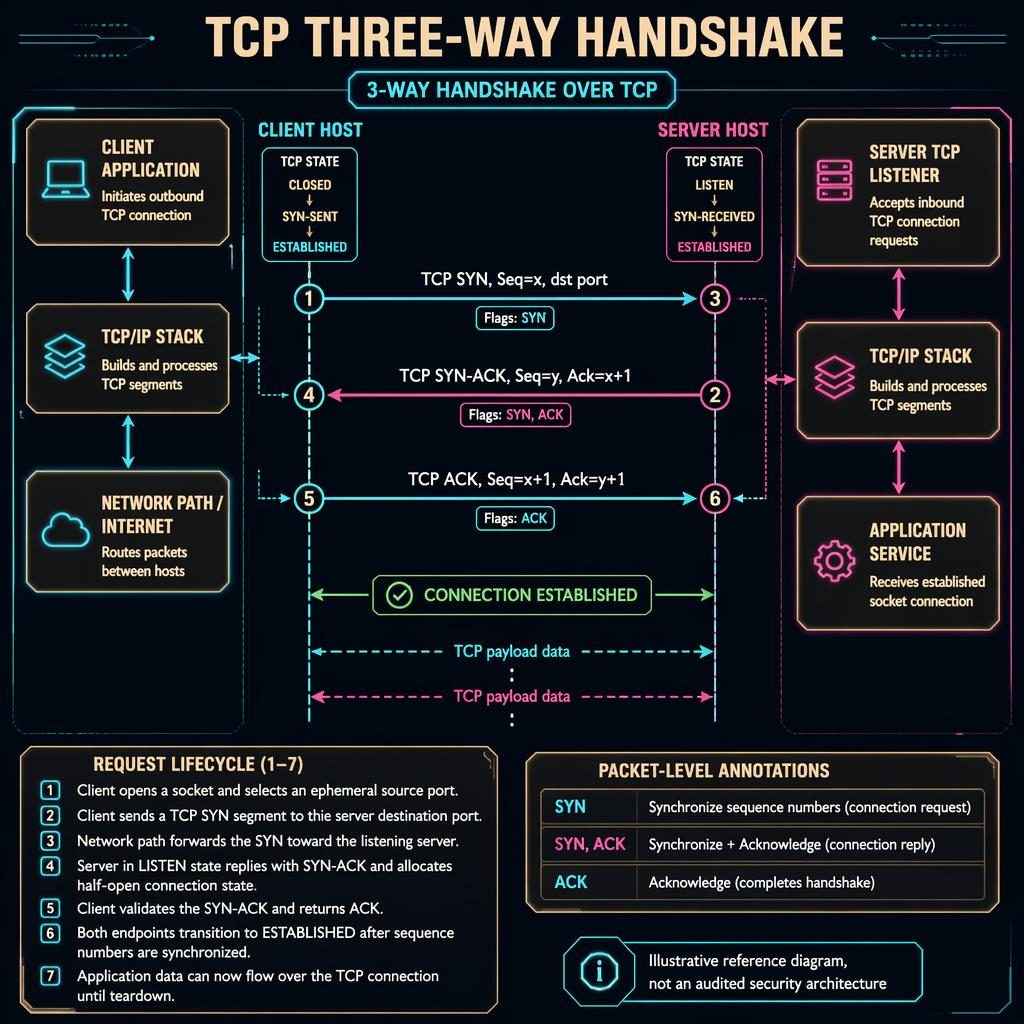 Cyberpunk TCP three-way handshake diagram with client, server, numbered SYN, SYN-ACK, ACK arrows and network boxes.