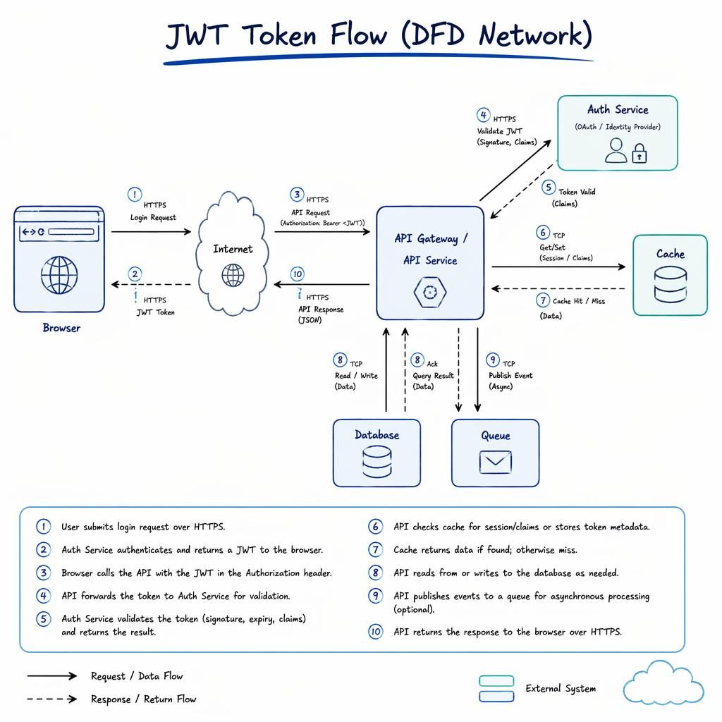 Hand-drawn whiteboard-style JWT token flow diagram with browser, API, DB, cache, queue, arrows, legend, and cloud icons.