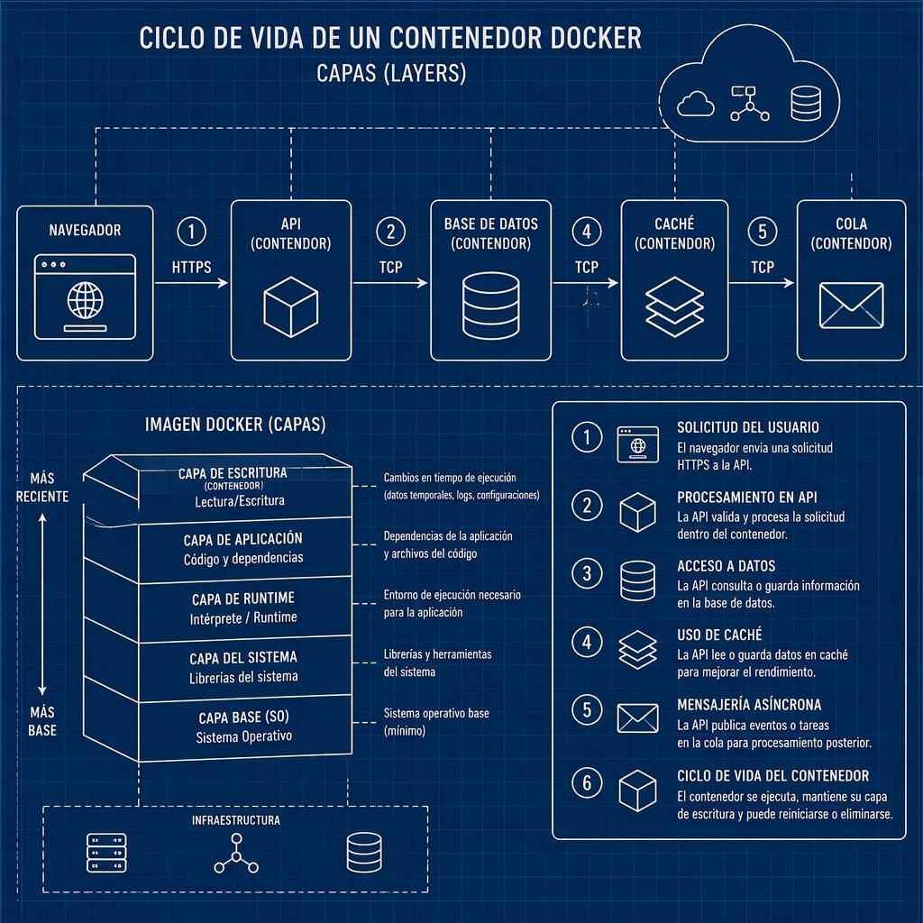 Infografía esquemática monocroma con capas de contenedores Docker, cajas de browser, API, DB, cache y queue unidas por flechas.