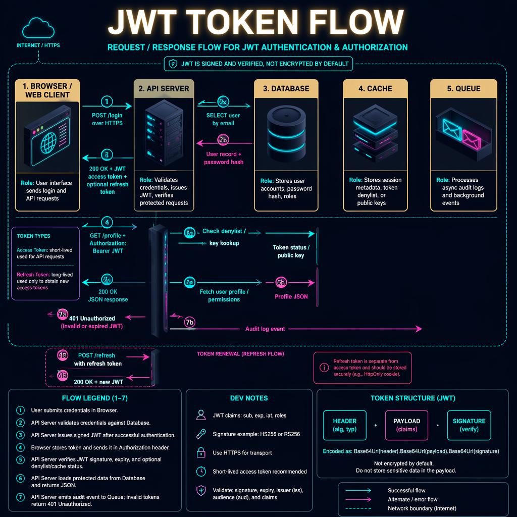 Infografía técnica JWT Token Flow con flujo Browser, API Server, Database, Cache y Queue, flechas, leyenda 1-7 y estilo neón.