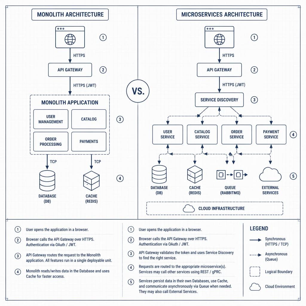 Minimal monochrome blueprint server diagram comparing monolith and microservices with browser, API, DB, cache, queue, arrows, and numbered lifecycle legend.