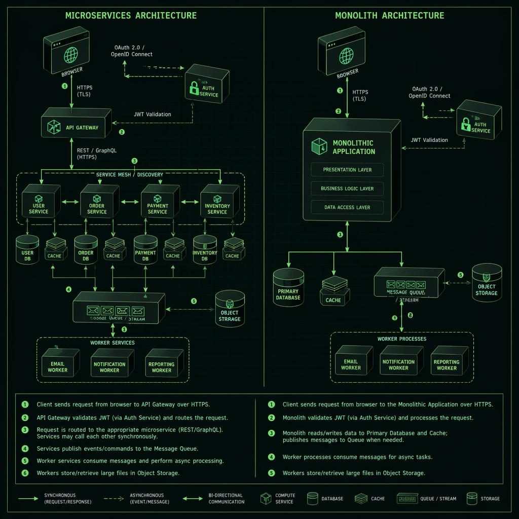 Isometric green tech diagram comparing microservices and monolith with browser, API, database, cache, and queue icons linked by arrows.