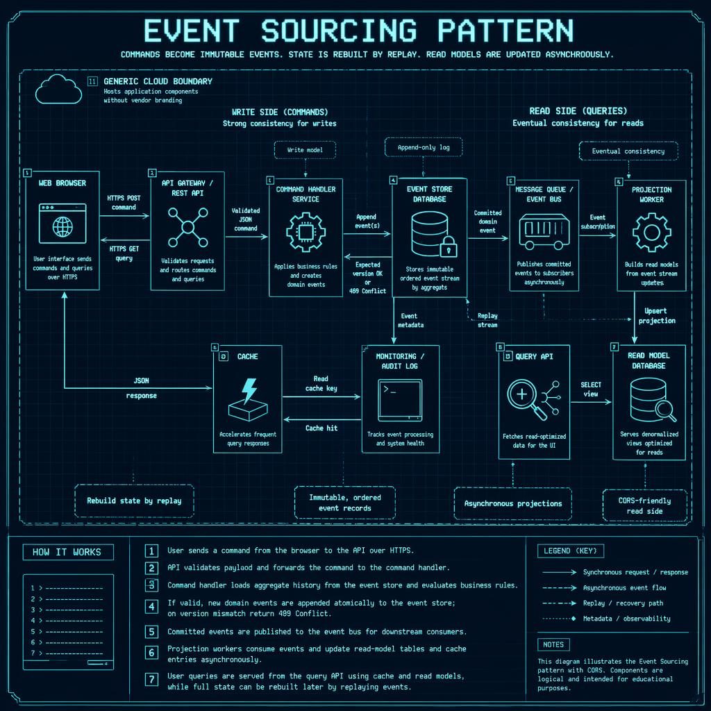 Retro blueprint tech infographic of an event sourcing web app with browser, API, command handler, event store, queue, projections.