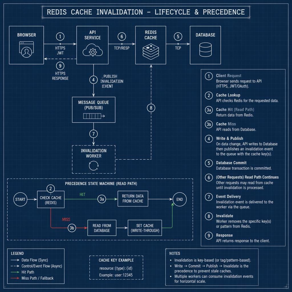 Monochrome blueprint-style architecture diagram with browser, API, DB, cache, and queue boxes linked by arrows and a numbered lifecycle legend.