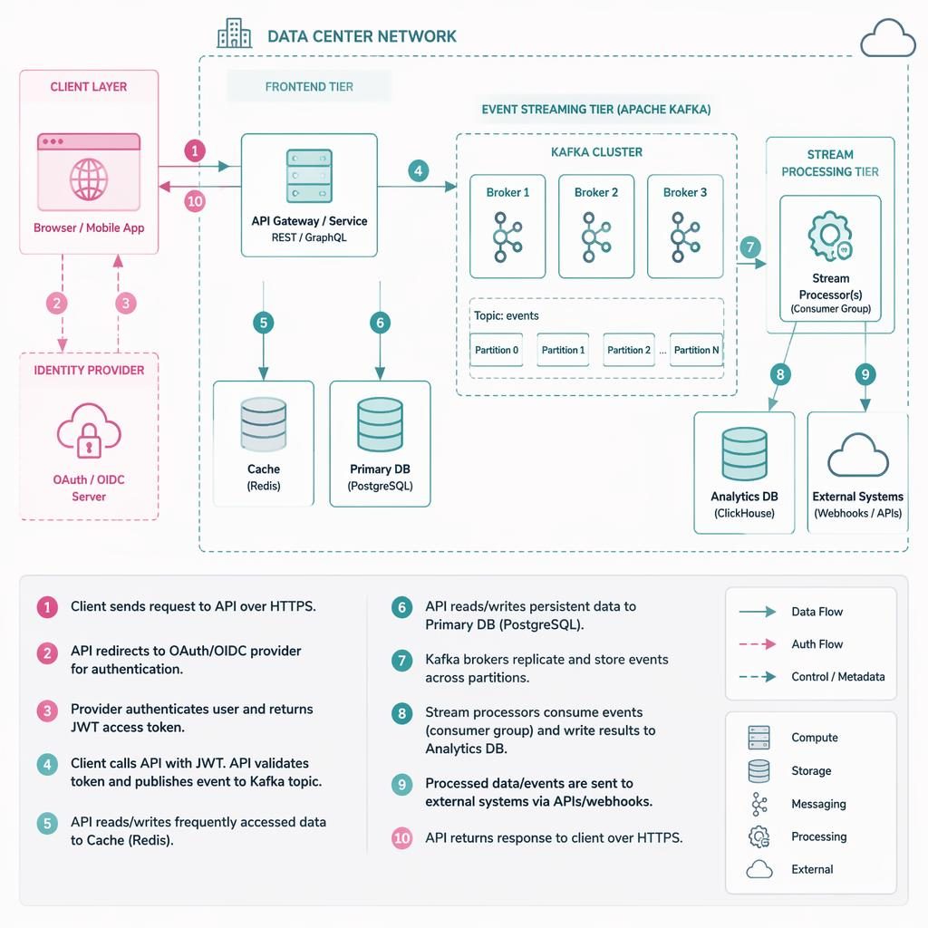 Minimal flat infographic of a Kafka pipeline architecture with browser, API, DB, cache, and queue boxes linked by arrows.