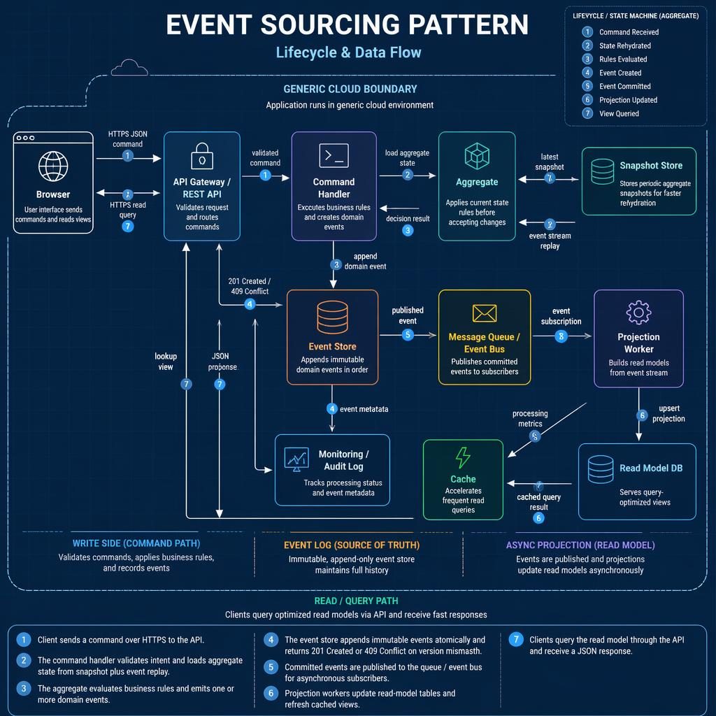 Blueprint-style event sourcing lifecycle diagram with CQRS boxes, arrows, legend, and write/read paths in a cloud boundary.