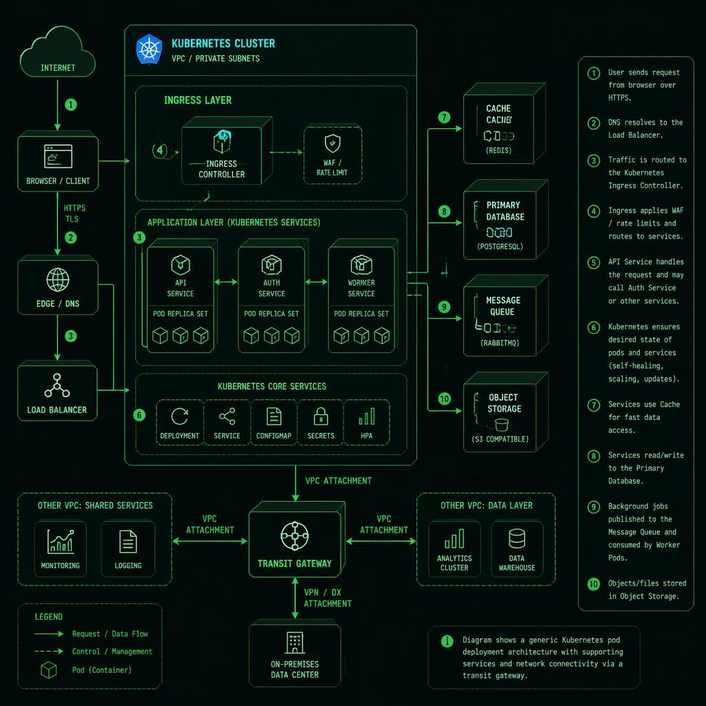 Isometric green tech diagram showing browser, API, queue, cache, DB, and Kubernetes pod deployment with arrows and legend.
