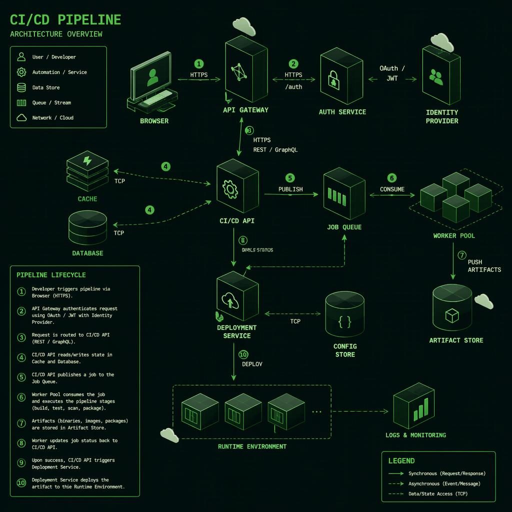 Isometric green tech diagram of CI/CD pipeline stages with browser, API, DB, cache, and queue connected by arrows.