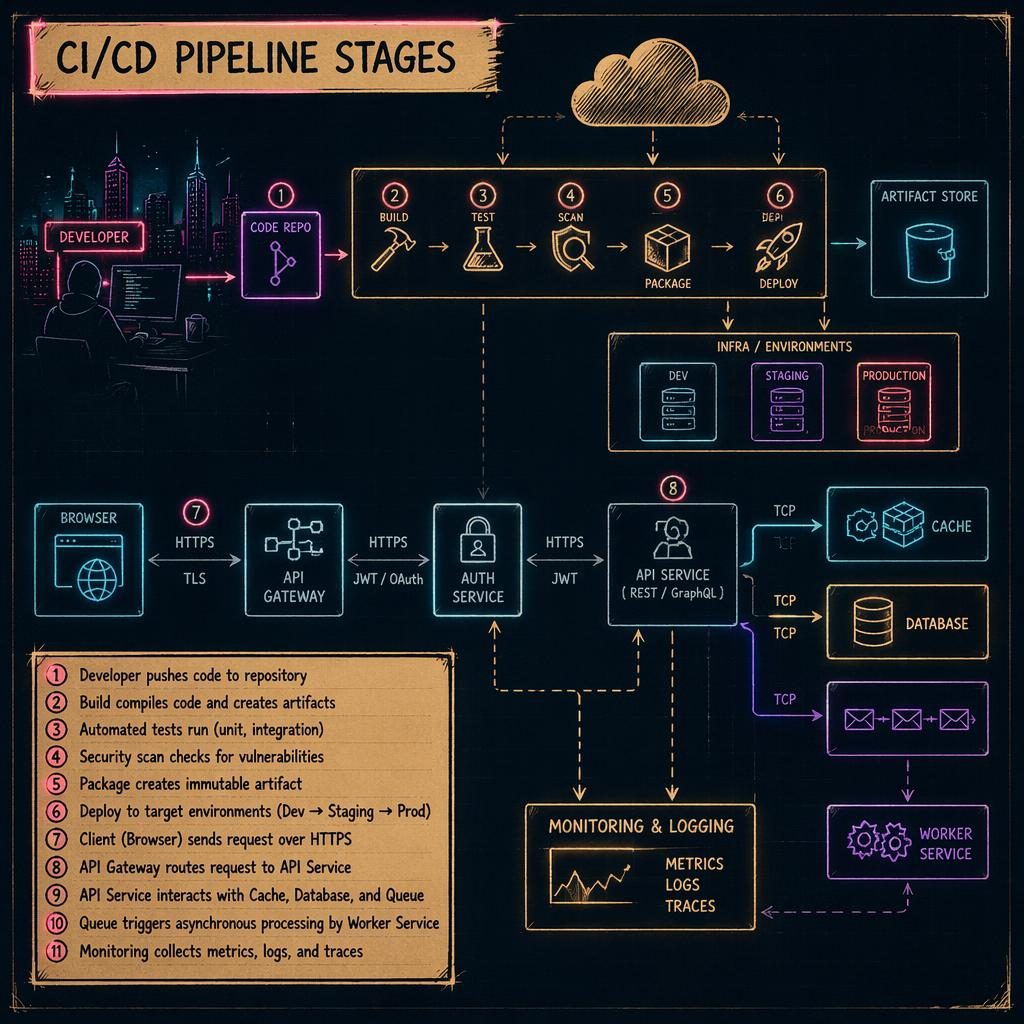 Cyberpunk neon CI CD pipeline diagram with browser, API, DB, cache, and queue boxes linked by directional arrows.