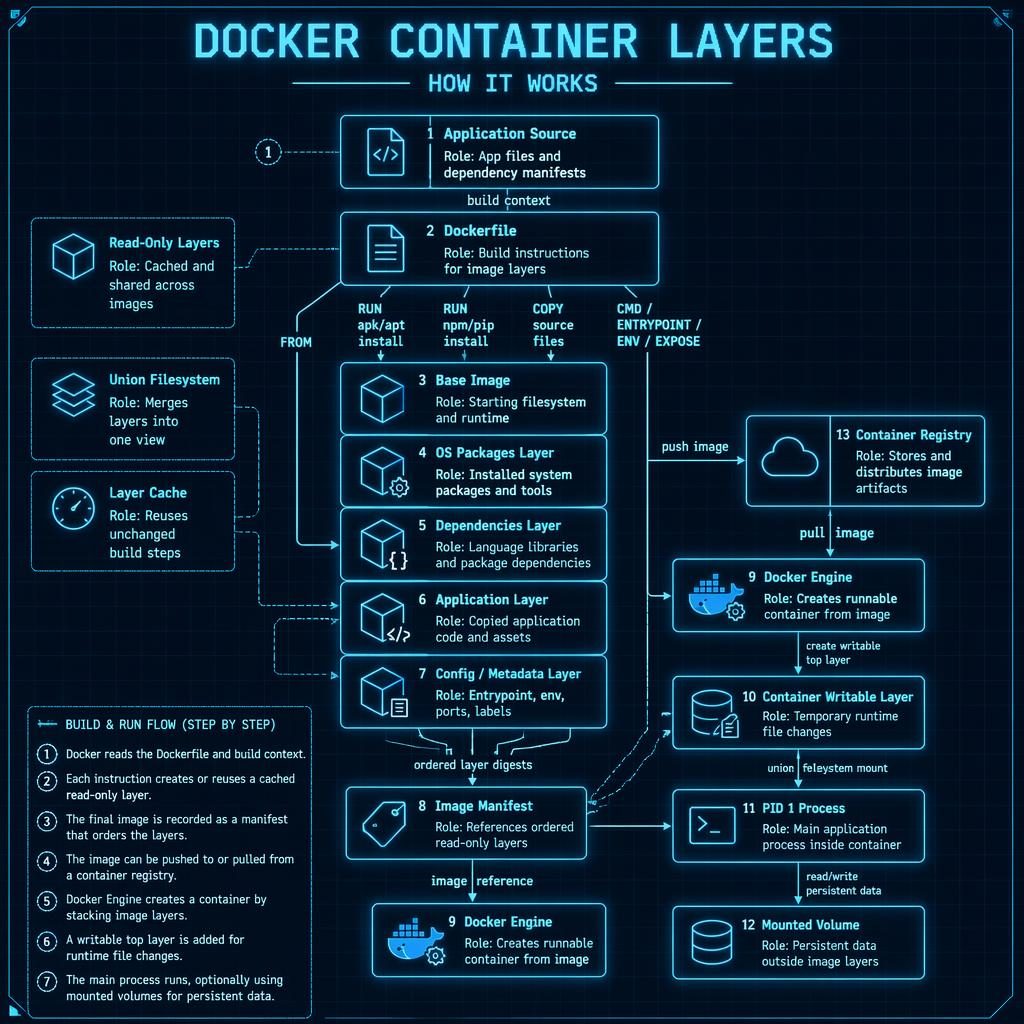 Retro blueprint-style infographic showing Docker container layers, image build flow, runtime stack, registry, volume, and legend.