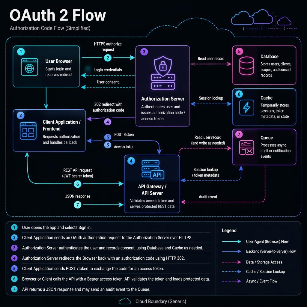 Dark-mode OAuth 2 flow infographic with 7 numbered boxes, arrows, legend, cloud boundary, database, cache, queue icons.