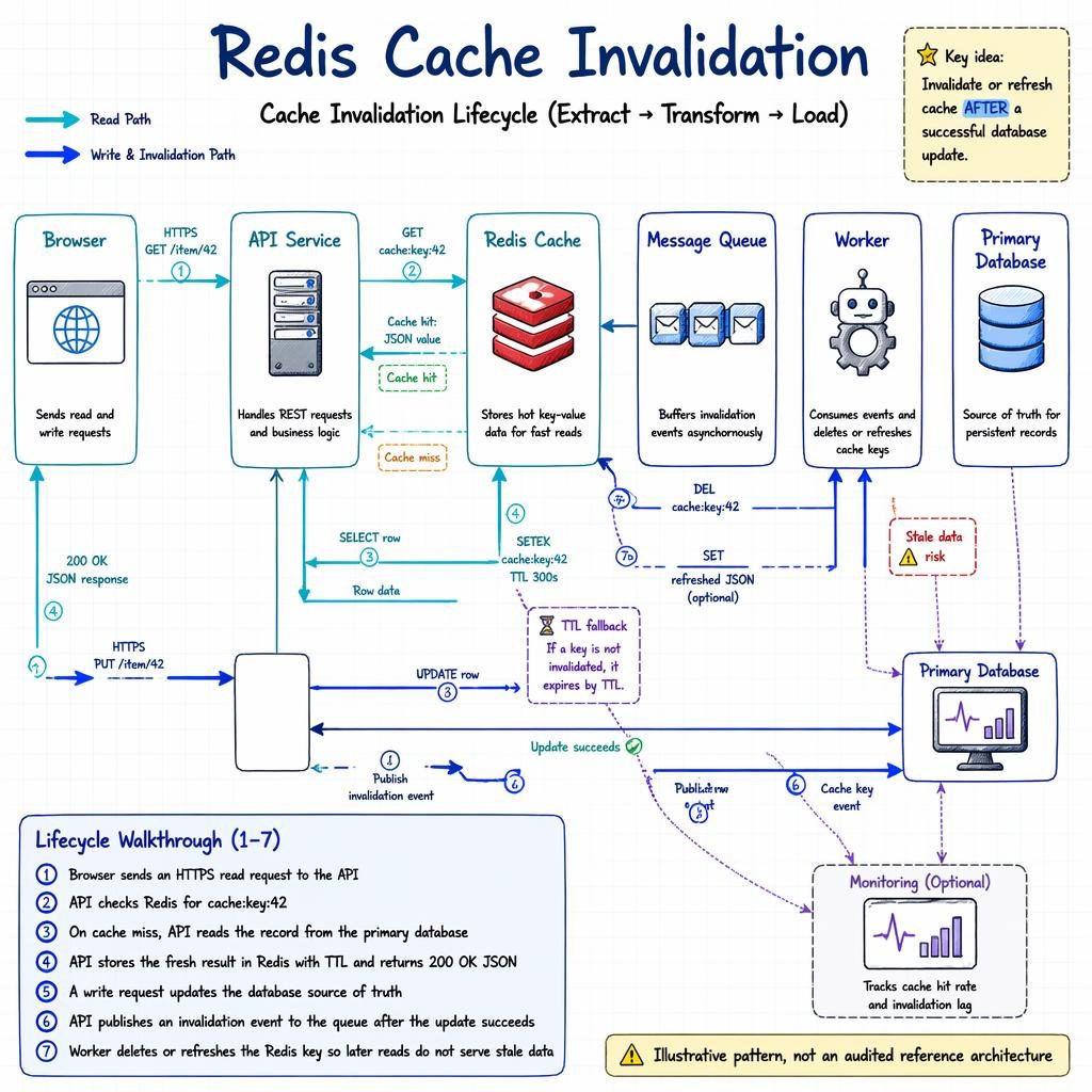 Hand-drawn tech infographic showing Redis cache invalidation pipeline with browser, API, Redis, queue, worker, database.