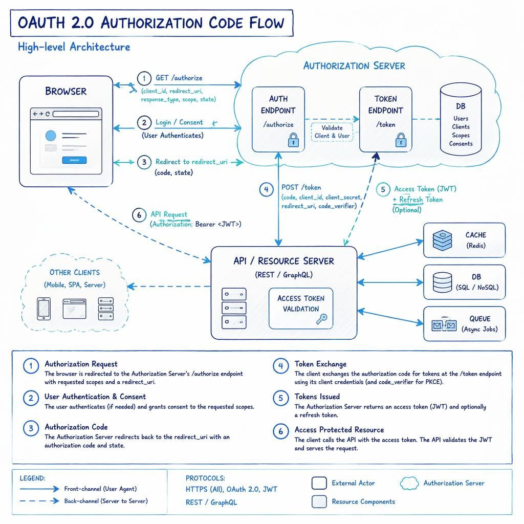 Hand-drawn whiteboard-style OAuth 2 data pipeline diagram with browser, API, DB, cache, queue, arrows, and legend.